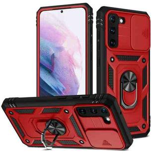 For Samsung Galaxy S21 5G Sliding Camera Cover Design TPU + PC Protective Case with 360 Degree Rotating Holder & Card Slot(Red+Black)