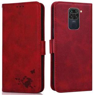 For Xiaomi Redmi Note 9 Embossed Cat Butterflies Pattern Horizontal Flip Leather Case with Card Slot & Holder & Wallet(Red)
