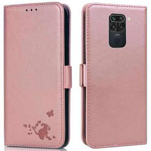 For Xiaomi Redmi Note 9 Embossed Cat Butterflies Pattern Horizontal Flip Leather Case with Card Slot & Holder & Wallet(Pink)