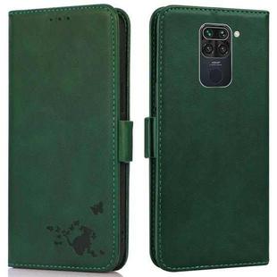 For Xiaomi Redmi Note 9 Embossed Cat Butterflies Pattern Horizontal Flip Leather Case with Card Slot & Holder & Wallet(Green)