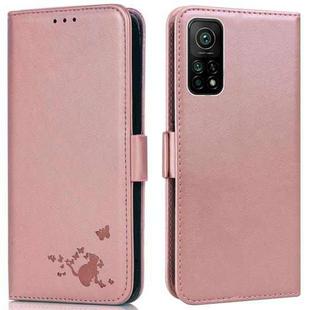 For Xiaomi Mi 10T 5G / 10T Pro 5G Embossed Cat Butterflies Pattern Horizontal Flip Leather Case with Card Slot & Holder & Wallet(Pink)