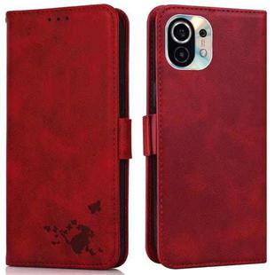 For Xiaomi Mi 11 Embossed Cat Butterflies Pattern Horizontal Flip Leather Case with Card Slot & Holder & Wallet(Red)