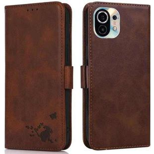 For Xiaomi Mi 11 Embossed Cat Butterflies Pattern Horizontal Flip Leather Case with Card Slot & Holder & Wallet(Brown)