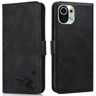 For Xiaomi Mi 11 Embossed Cat Butterflies Pattern Horizontal Flip Leather Case with Card Slot & Holder & Wallet(Black)