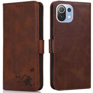 For Xiaomi Mi 11 Lite Embossed Cat Butterflies Pattern Horizontal Flip Leather Case with Card Slot & Holder & Wallet(Brown)