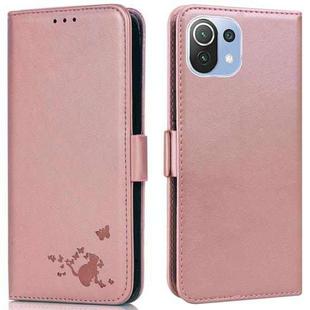 For Xiaomi Mi 11 Lite Embossed Cat Butterflies Pattern Horizontal Flip Leather Case with Card Slot & Holder & Wallet(Pink)