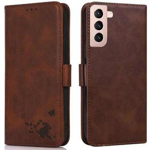 For Samsung Galaxy S21 5G Embossed Cat Butterflies Pattern Horizontal Flip Leather Case with Card Slot & Holder & Wallet(Brown)