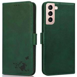For Samsung Galaxy S21 5G Embossed Cat Butterflies Pattern Horizontal Flip Leather Case with Card Slot & Holder & Wallet(Green)