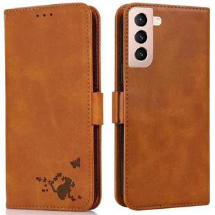 For Samsung Galaxy S21+ 5G Embossed Cat Butterflies Pattern Horizontal Flip Leather Case with Card Slot & Holder & Wallet(Orange)