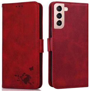 For Samsung Galaxy S21+ 5G Embossed Cat Butterflies Pattern Horizontal Flip Leather Case with Card Slot & Holder & Wallet(Red)