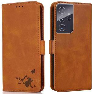 For Samsung Galaxy S21 Ultra 5G Embossed Cat Butterflies Pattern Horizontal Flip Leather Case with Card Slot & Holder & Wallet(Orange)