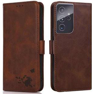 For Samsung Galaxy S21 Ultra 5G Embossed Cat Butterflies Pattern Horizontal Flip Leather Case with Card Slot & Holder & Wallet(Brown)