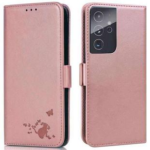 For Samsung Galaxy S21 Ultra 5G Embossed Cat Butterflies Pattern Horizontal Flip Leather Case with Card Slot & Holder & Wallet(Pink)