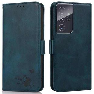 For Samsung Galaxy S21 Ultra 5G Embossed Cat Butterflies Pattern Horizontal Flip Leather Case with Card Slot & Holder & Wallet(Blue)