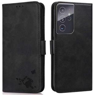 For Samsung Galaxy S21 Ultra 5G Embossed Cat Butterflies Pattern Horizontal Flip Leather Case with Card Slot & Holder & Wallet(Black)