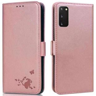 For Samsung Galaxy S20+ Embossed Cat Butterflies Pattern Horizontal Flip Leather Case with Card Slot & Holder & Wallet(Pink)