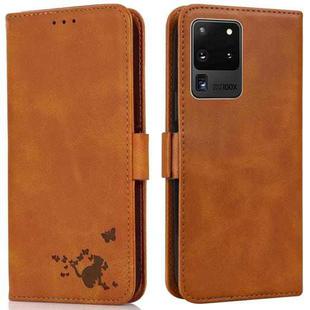 For Samsung Galaxy S20 Ultra Embossed Cat Butterflies Pattern Horizontal Flip Leather Case with Card Slot & Holder & Wallet(Orange)