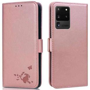 For Samsung Galaxy S20 Ultra Embossed Cat Butterflies Pattern Horizontal Flip Leather Case with Card Slot & Holder & Wallet(Pink)