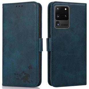 For Samsung Galaxy S20 Ultra Embossed Cat Butterflies Pattern Horizontal Flip Leather Case with Card Slot & Holder & Wallet(Blue)