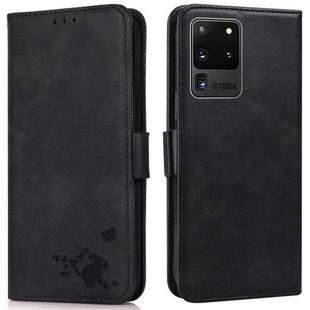 For Samsung Galaxy S20 Ultra Embossed Cat Butterflies Pattern Horizontal Flip Leather Case with Card Slot & Holder & Wallet(Black)