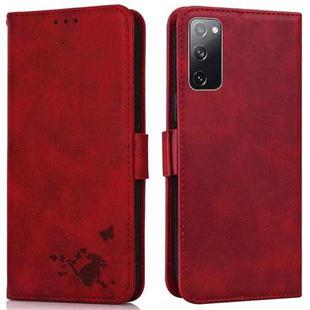 For Samsung Galaxy S20 FE Embossed Cat Butterflies Pattern Horizontal Flip Leather Case with Card Slot & Holder & Wallet(Red)