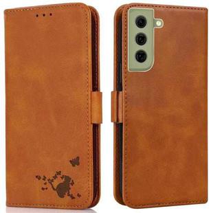 For Samsung Galaxy S21 FE 5G Embossed Cat Butterflies Pattern Horizontal Flip Leather Case with Card Slot & Holder & Wallet(Orange)