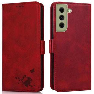 For Samsung Galaxy S21 FE 5G Embossed Cat Butterflies Pattern Horizontal Flip Leather Case with Card Slot & Holder & Wallet(Red)