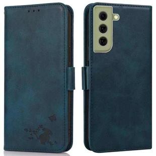 For Samsung Galaxy S21 FE 5G Embossed Cat Butterflies Pattern Horizontal Flip Leather Case with Card Slot & Holder & Wallet(Blue)