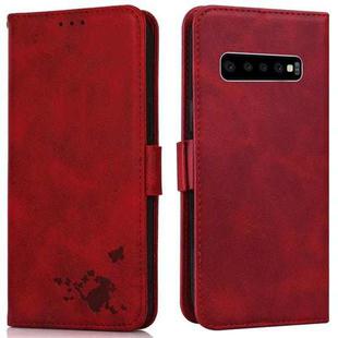 For Samsung Galaxy S10 Embossed Cat Butterflies Pattern Horizontal Flip Leather Case with Card Slot & Holder & Wallet(Red)