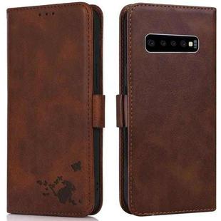 For Samsung Galaxy S10 Embossed Cat Butterflies Pattern Horizontal Flip Leather Case with Card Slot & Holder & Wallet(Brown)