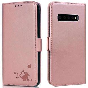 For Samsung Galaxy S10 Embossed Cat Butterflies Pattern Horizontal Flip Leather Case with Card Slot & Holder & Wallet(Pink)