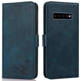 For Samsung Galaxy S10 Embossed Cat Butterflies Pattern Horizontal Flip Leather Case with Card Slot & Holder & Wallet(Blue)