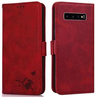 For Samsung Galaxy S10+ Embossed Cat Butterflies Pattern Horizontal Flip Leather Case with Card Slot & Holder & Wallet(Red)