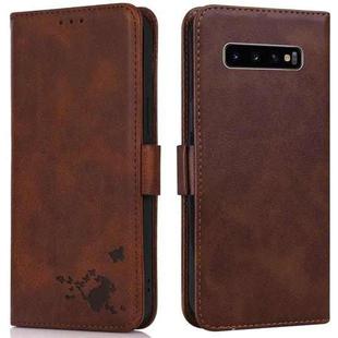 For Samsung Galaxy S10+ Embossed Cat Butterflies Pattern Horizontal Flip Leather Case with Card Slot & Holder & Wallet(Brown)