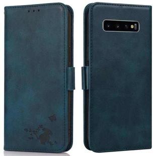 For Samsung Galaxy S10+ Embossed Cat Butterflies Pattern Horizontal Flip Leather Case with Card Slot & Holder & Wallet(Blue)