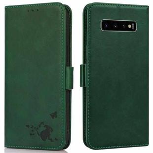 For Samsung Galaxy S10+ Embossed Cat Butterflies Pattern Horizontal Flip Leather Case with Card Slot & Holder & Wallet(Green)