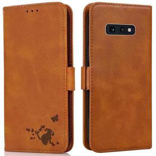 For Samsung Galaxy S10e Embossed Cat Butterflies Pattern Horizontal Flip Leather Case with Card Slot & Holder & Wallet(Orange)