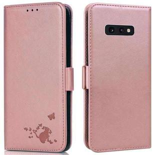 For Samsung Galaxy S10e Embossed Cat Butterflies Pattern Horizontal Flip Leather Case with Card Slot & Holder & Wallet(Pink)