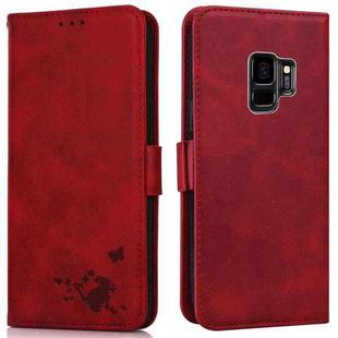 For Samsung Galaxy S9 Embossed Cat Butterflies Pattern Horizontal Flip Leather Case with Card Slot & Holder & Wallet(Red)