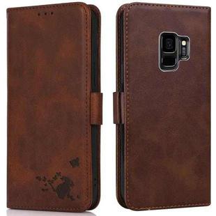 For Samsung Galaxy S9 Embossed Cat Butterflies Pattern Horizontal Flip Leather Case with Card Slot & Holder & Wallet(Brown)