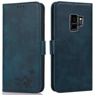 For Samsung Galaxy S9 Embossed Cat Butterflies Pattern Horizontal Flip Leather Case with Card Slot & Holder & Wallet(Blue)