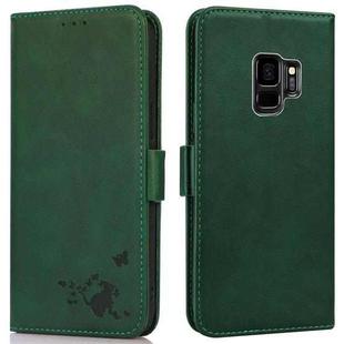 For Samsung Galaxy S9 Embossed Cat Butterflies Pattern Horizontal Flip Leather Case with Card Slot & Holder & Wallet(Green)