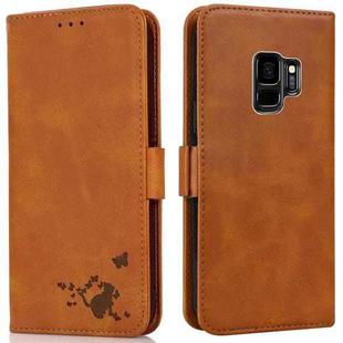 For Samsung Galaxy S9+ Embossed Cat Butterflies Pattern Horizontal Flip Leather Case with Card Slot & Holder & Wallet(Orange)