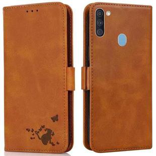 For Samsung Galaxy A11 / M11 Embossed Cat Butterflies Pattern Horizontal Flip Leather Case with Card Slot & Holder & Wallet(Orange)