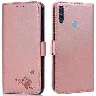 For Samsung Galaxy A11 / M11 Embossed Cat Butterflies Pattern Horizontal Flip Leather Case with Card Slot & Holder & Wallet(Pink)