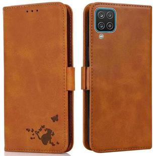 For Samsung Galaxy A12 5G Embossed Cat Butterflies Pattern Horizontal Flip Leather Case with Card Slot & Holder & Wallet(Orange)