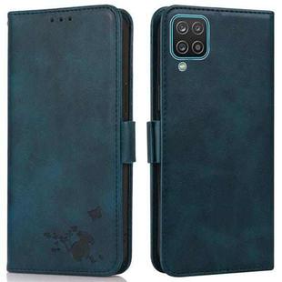For Samsung Galaxy A12 5G Embossed Cat Butterflies Pattern Horizontal Flip Leather Case with Card Slot & Holder & Wallet(Blue)