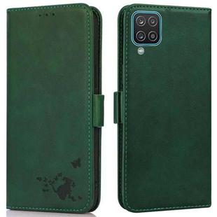 For Samsung Galaxy A12 5G Embossed Cat Butterflies Pattern Horizontal Flip Leather Case with Card Slot & Holder & Wallet(Green)
