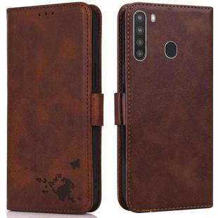 For Samsung Galaxy A21 Embossed Cat Butterflies Pattern Horizontal Flip Leather Case with Card Slot & Holder & Wallet(Brown)