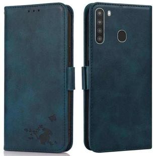 For Samsung Galaxy A21 Embossed Cat Butterflies Pattern Horizontal Flip Leather Case with Card Slot & Holder & Wallet(Blue)